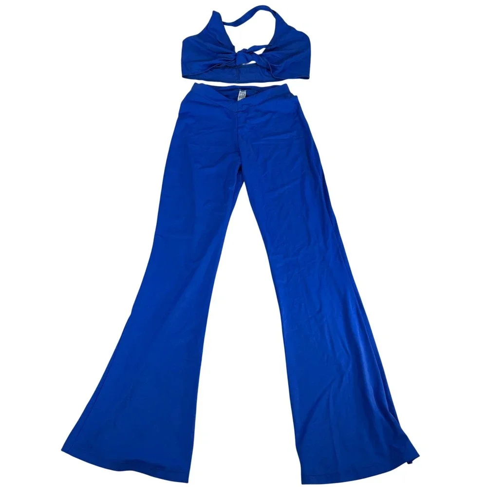 Zuliana Vintage Royal Blue 2 Piece Set Halter Tie Top Flare Pants Medium USA